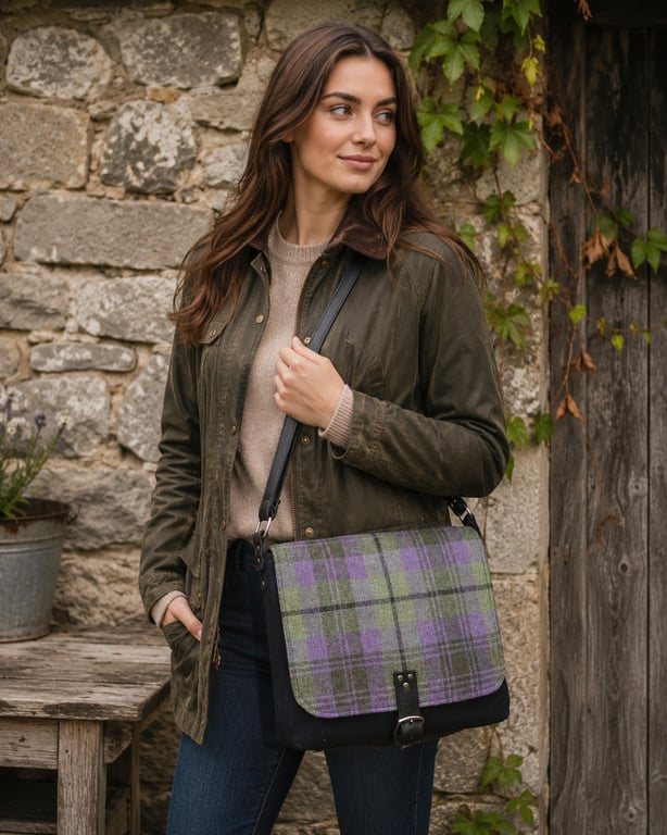 Purple green navy tartan crossbody bag british tweed shoulder bag messenger bag