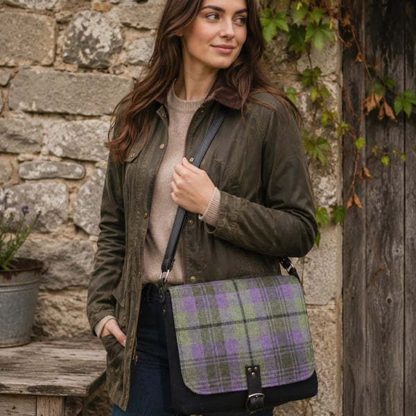 Purple green navy tartan crossbody bag british tweed shoulder bag messenger bag