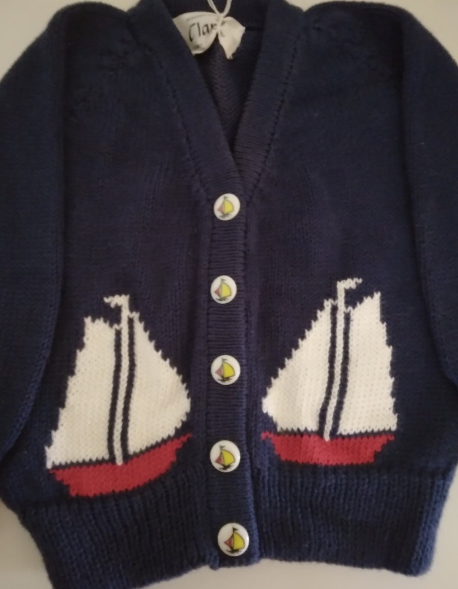 Navy baby cardigan with yacht motif 3-6 months Seconds Sunday