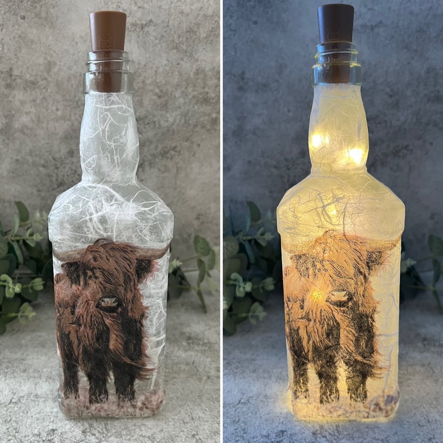 Decoupage Light Up Whiskey Bottle: Highland Cow - Home Decor, Bottle Light