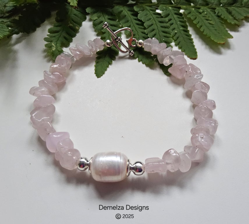 Designer Rose Quartz & Large Baroque Freshwater Culture Pearl Chacra Bracelet 