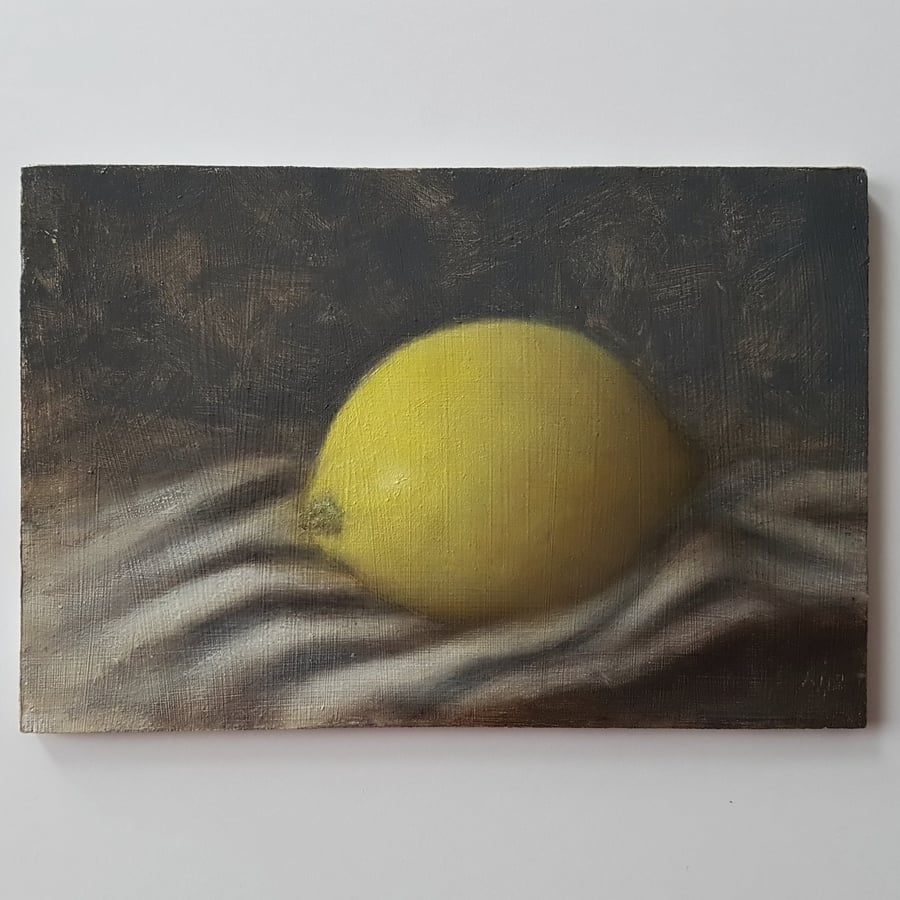 Lemon Oil Painting - Small Kitchen Still Life Artwork (4x6) 