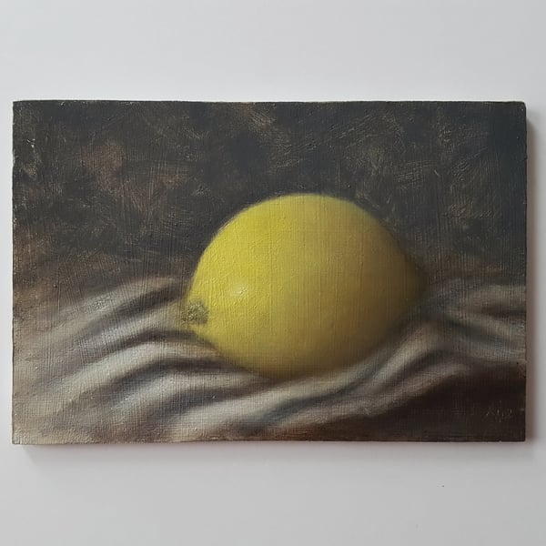 Lemon Oil Painting - Small Kitchen Still Life Artwork (4x6) 
