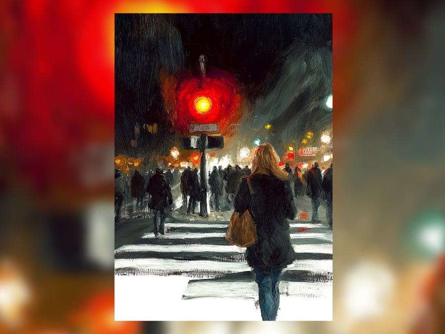  City Nightwalk, Atmospheric Urban Crosswalk at Night 5"x7" Matte Print