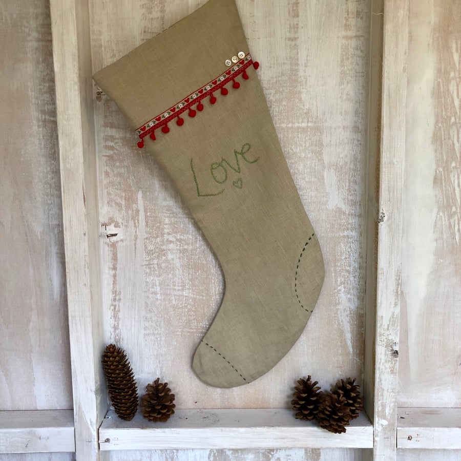 SALE Love Linen Christmas Stocking 
