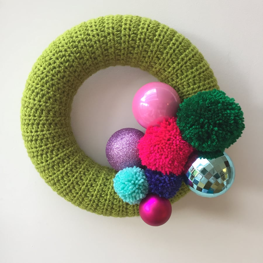 Crochet Christmas wreath with baubles and pompoms, free UK shipping