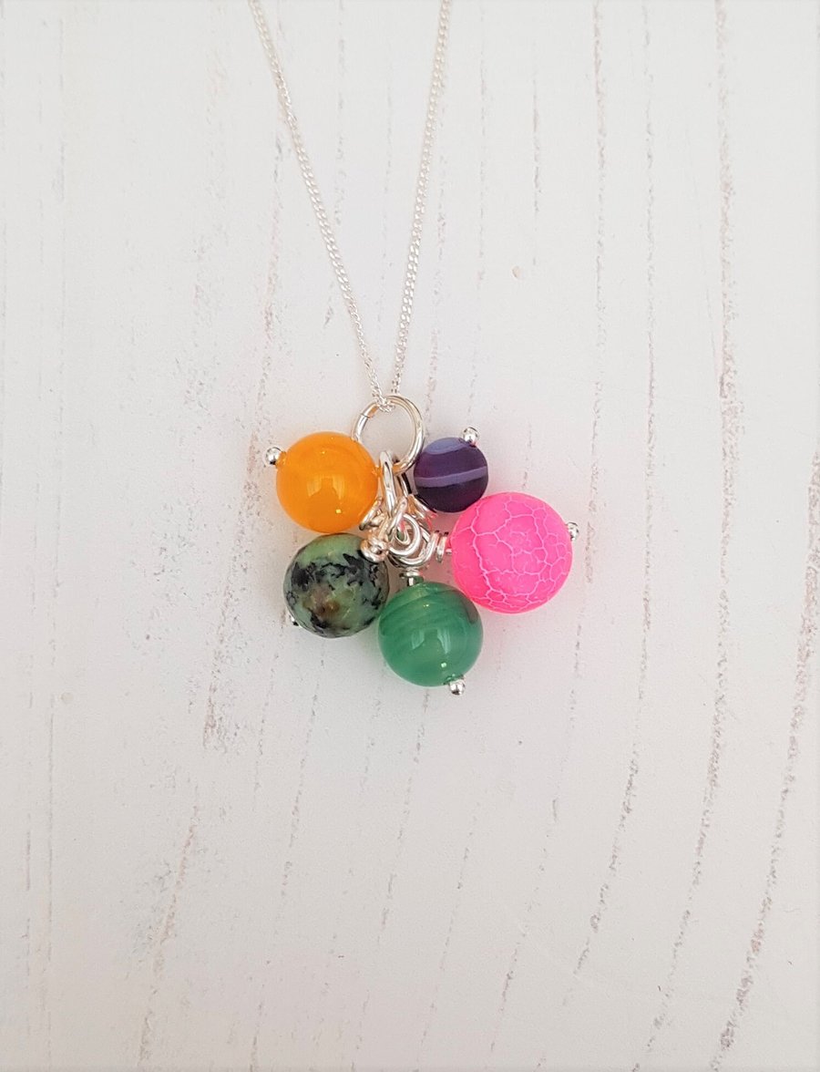 Multi Gemstone Agate and Sterling Silver Pendant Necklace