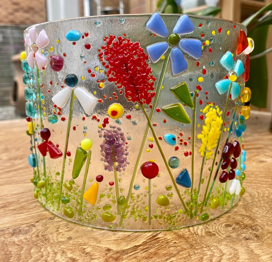 Fused glass meadow-inspired curved panel