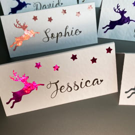 6 x personalised NAME place CARDS Christmas reindeer stars Wedding table setting