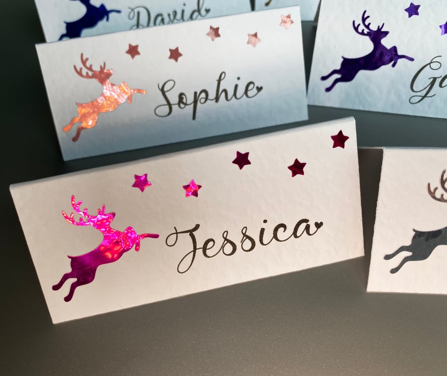 6 x personalised NAME place CARDS Christmas reindeer stars Wedding table setting