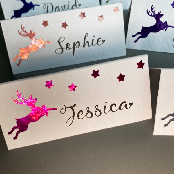 6 x personalised NAME place CARDS Christmas reindeer stars Wedding table setting
