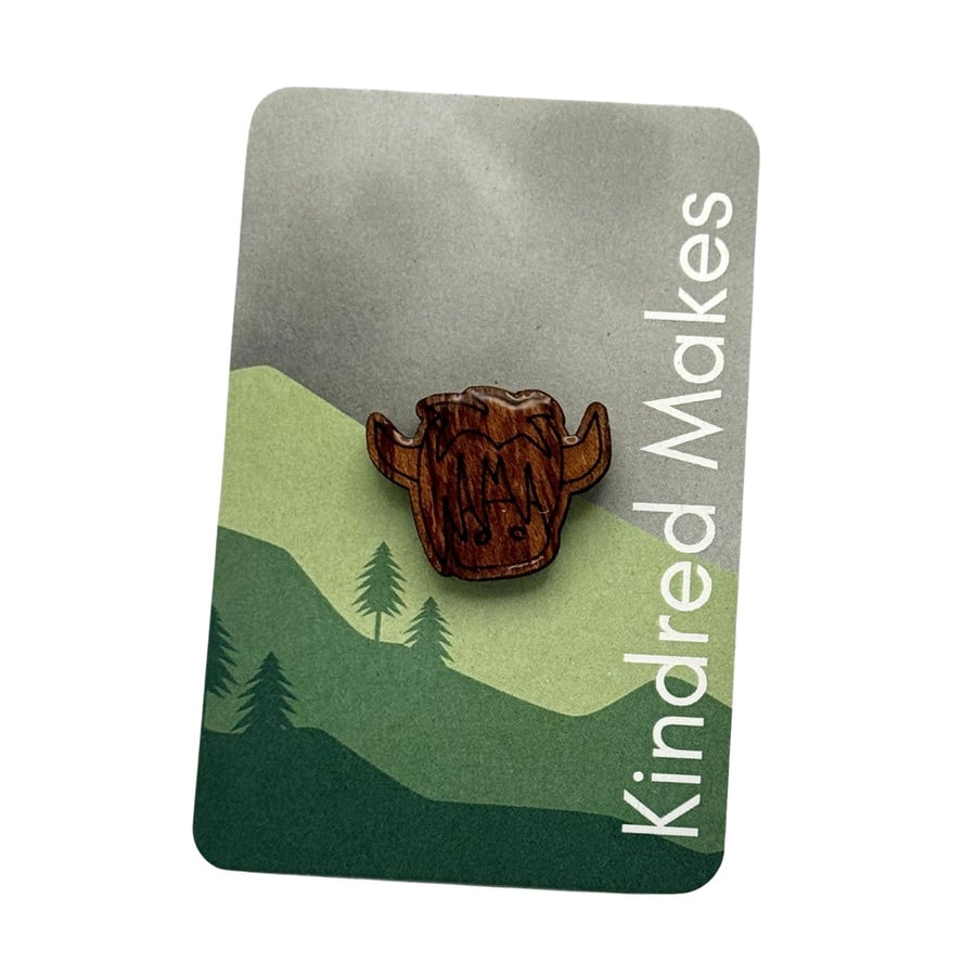 Highland Cow Wooden Pin Badge