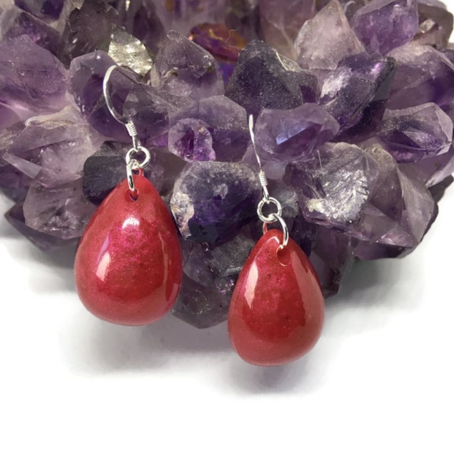 Ruby red chunky teardrop dangle earrings on sterling silver.