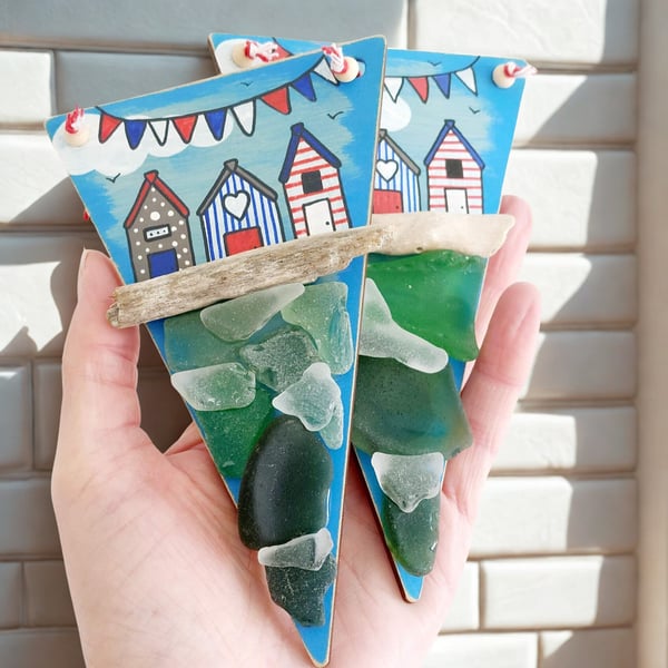 Hand Painted Sea Glass Quirky Beach Hut, Wooden Hanging Decoration, Seaside Gift
