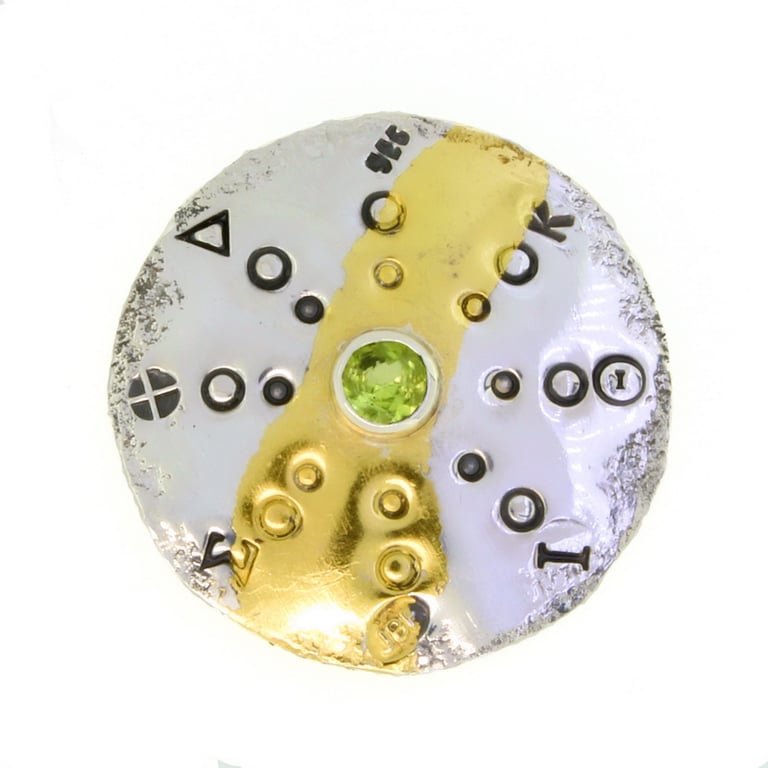 Keum boo brooch, handmade brooch, round brooch, contemporary, silver and gold