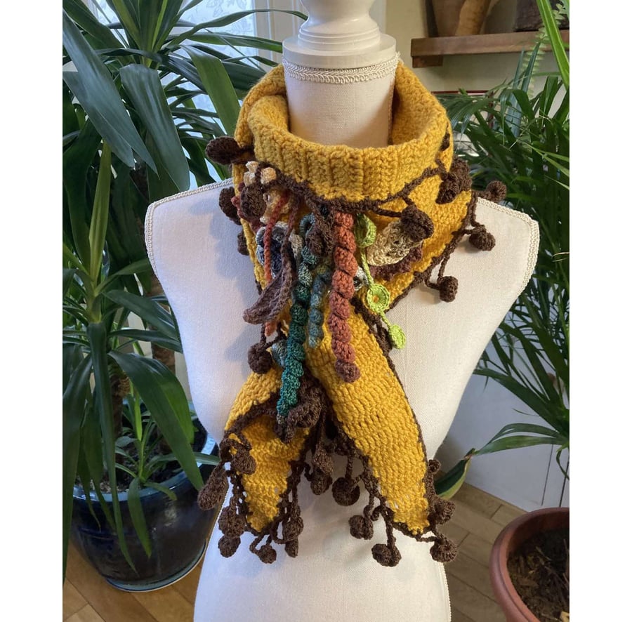 Colorful Yellow Fringed Crochet Scarf - Hand Knit Long Shawl - Boho Wrap Collar 