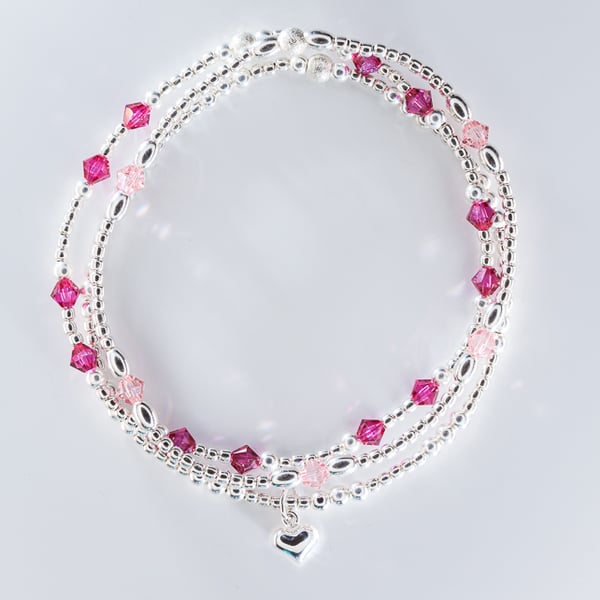 Stacking bracelets sterling silver with pink swarovski beads