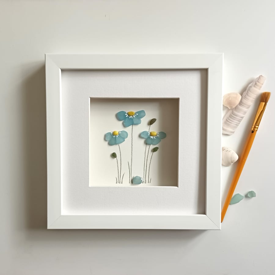 Forget Me Nots, Sea Glass Art, Flowers, Floral Wall Art, Gift for Her