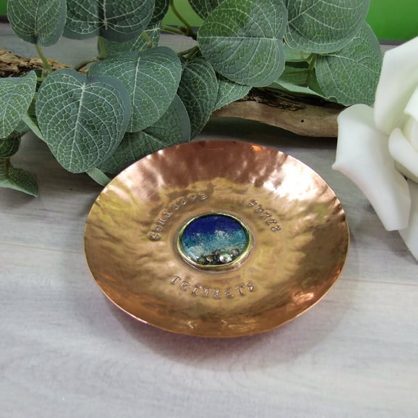 Copper Dish - Shallow Bowl with Enamel and Stamped Rings, Earrings, Trinkets