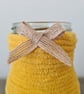 Handmade Mustard Yellow Yarn Wrapped Jar - Colourful Vase - Rustic Button Decor - Image 3
