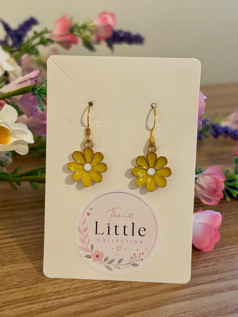 Yellow Daisy Dangle Earrings, Enamel Floral Charms, Handmade Jewellery