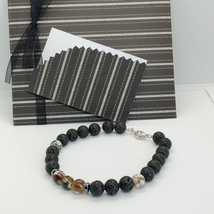 Black Lava with Fire Agate Gemstone Bracelet, Sterling Silver , 8 inch