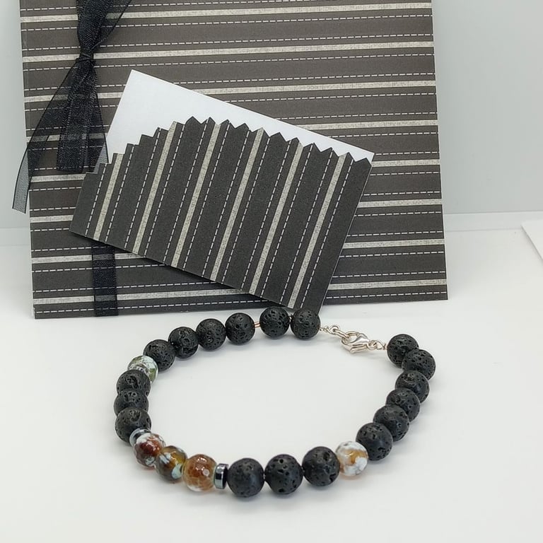 Black Lava with Fire Agate Gemstone Bracelet, Sterling Silver , 8 inch