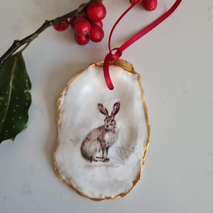 Christmas oyster shell hare woodland hanging decoration