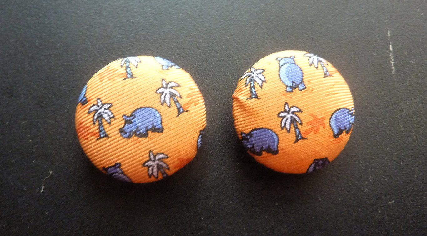 5 Blue Hippo Silk Buttons Orange Background Handmade Unique 22mm 1inch 