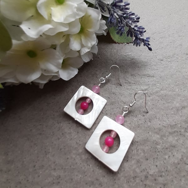 Mother Of Pearl Shell Silver Plated Earrings With Pink Quartz