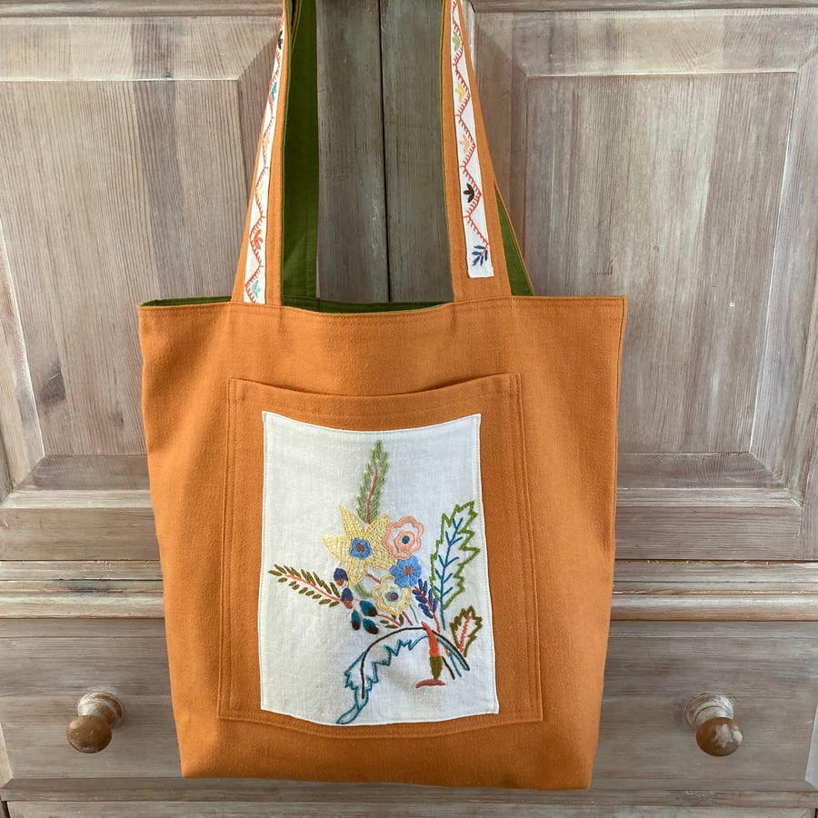 Reversible Cotton Tote Bag With Vintage Embroidery 