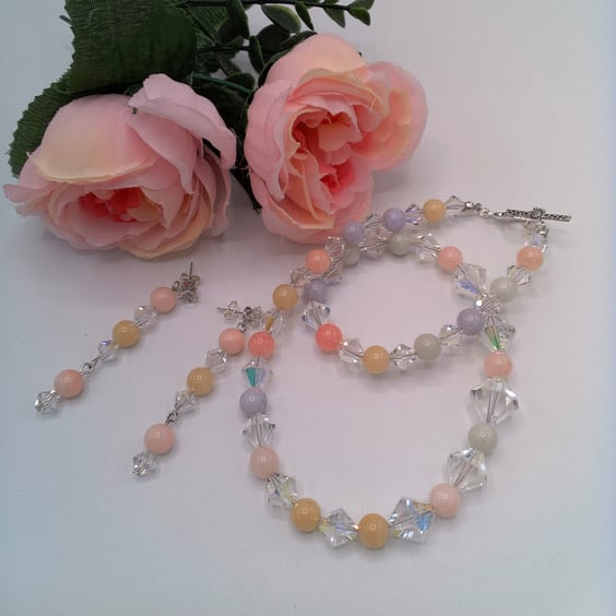 Morganite and Vintage Acrylic Bicone Beaded Necklace and Earrings, Gift for Her