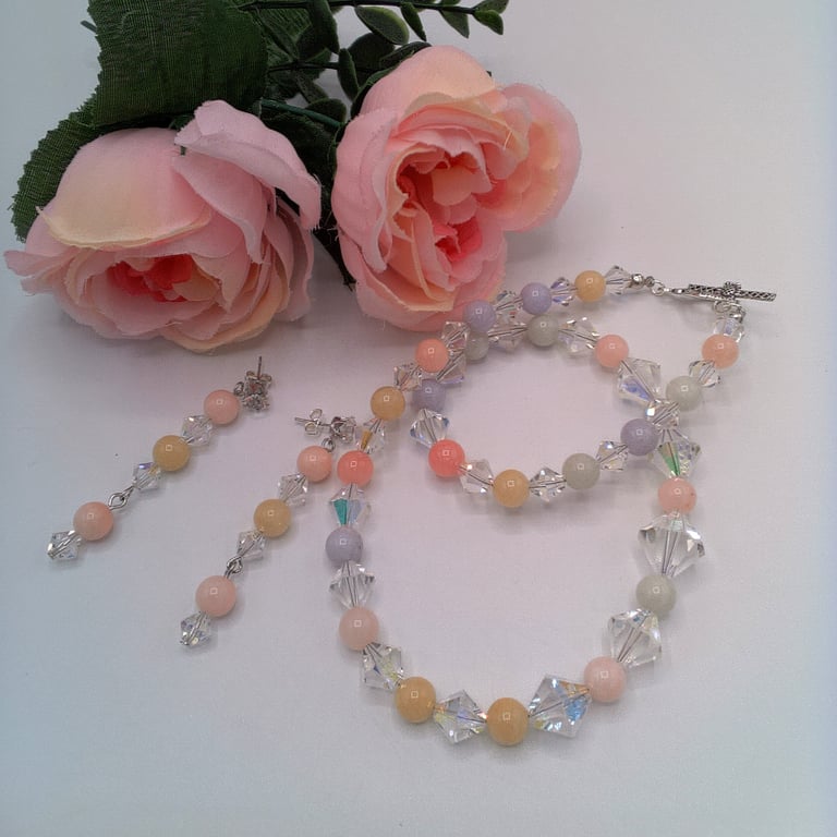 Morganite and Vintage Acrylic Bicone Beaded Necklace and Earrings, Gift for Her