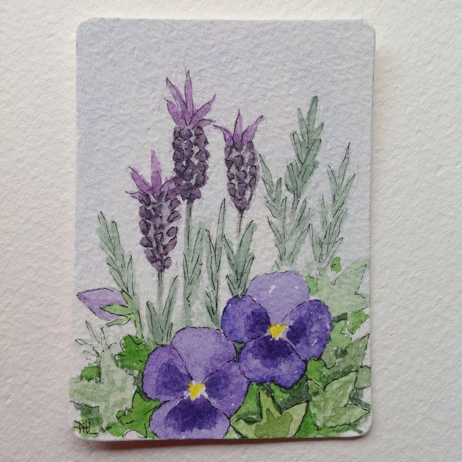 ACEO Original watercolour 'Lavender and Pansies'
