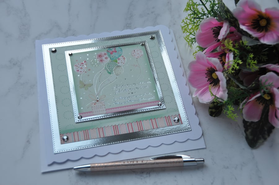 Happy Birthday Card Balloons Butterflies Flowers Poem 3D Luxury Handmade Card