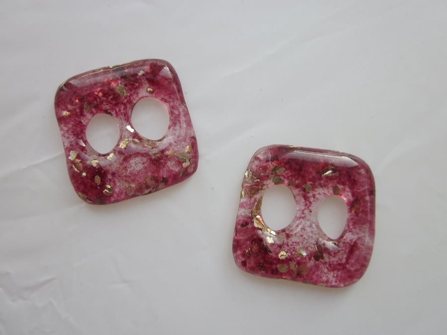 Handmade pair of cast glass buttons - deep blush gold sparkle