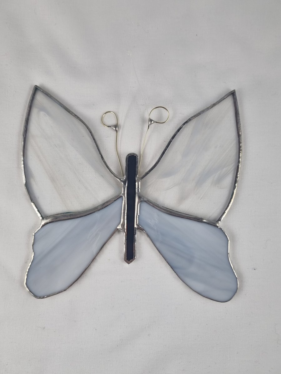 594 Stained Glass large white butterfly - handmade glass hanging.