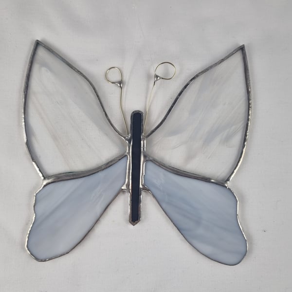 594 Stained Glass large white butterfly - handmade glass hanging.