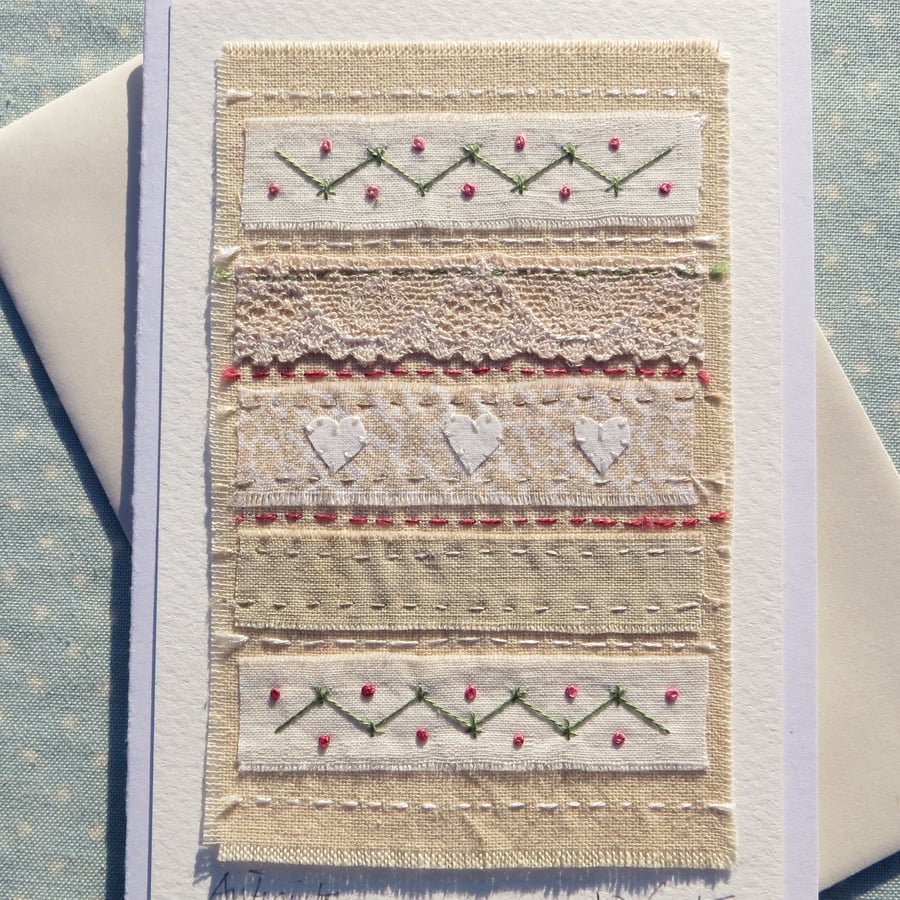 'Antiquity' vintage lace, embroidery, hand-dyed recycled cotton, anytime card