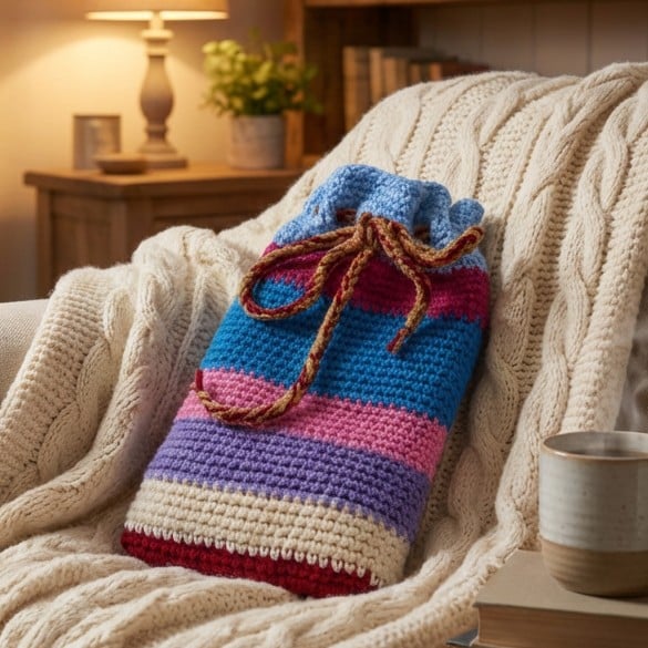 Random Stripes Hot Water Bottle Cover, Crocheted Cosy Holder, Drawstring Closure
