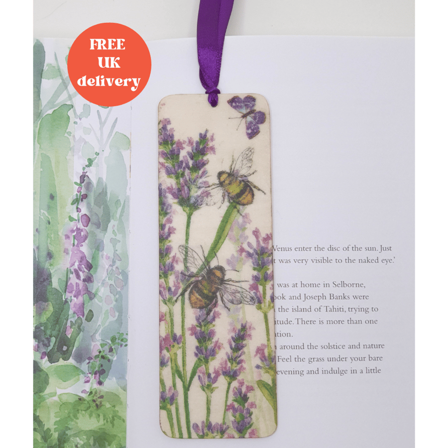 Wooden bookmark, bees and lavender, stocking filler gift for a bee lover
