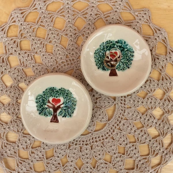 Love tree ring holder, Green tree with red heart trinket dish, Tree of life, 2no