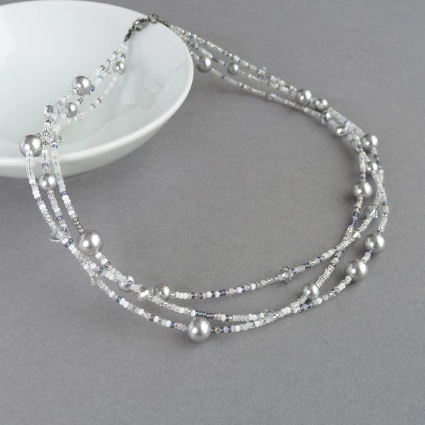 Silver Twisted Multi Strand Necklace - White and Grey Pearl & Crystal Jewellery