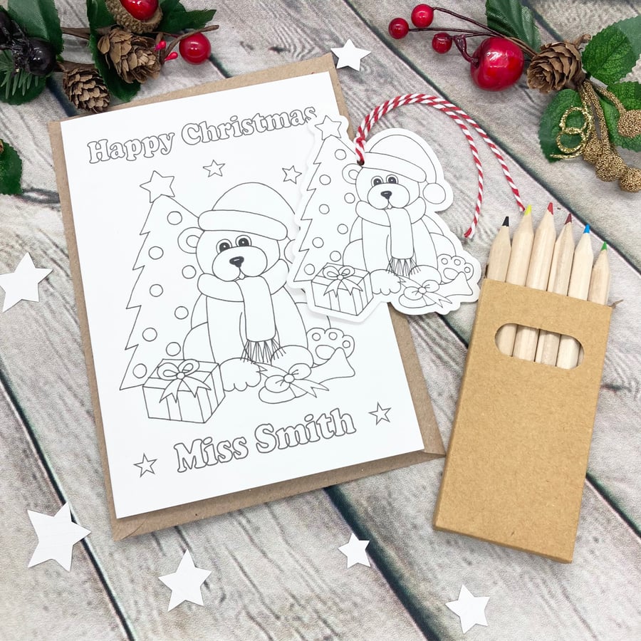 Coloured By Christmas Card & Gift Tag - Christmas Bear - Personalised 