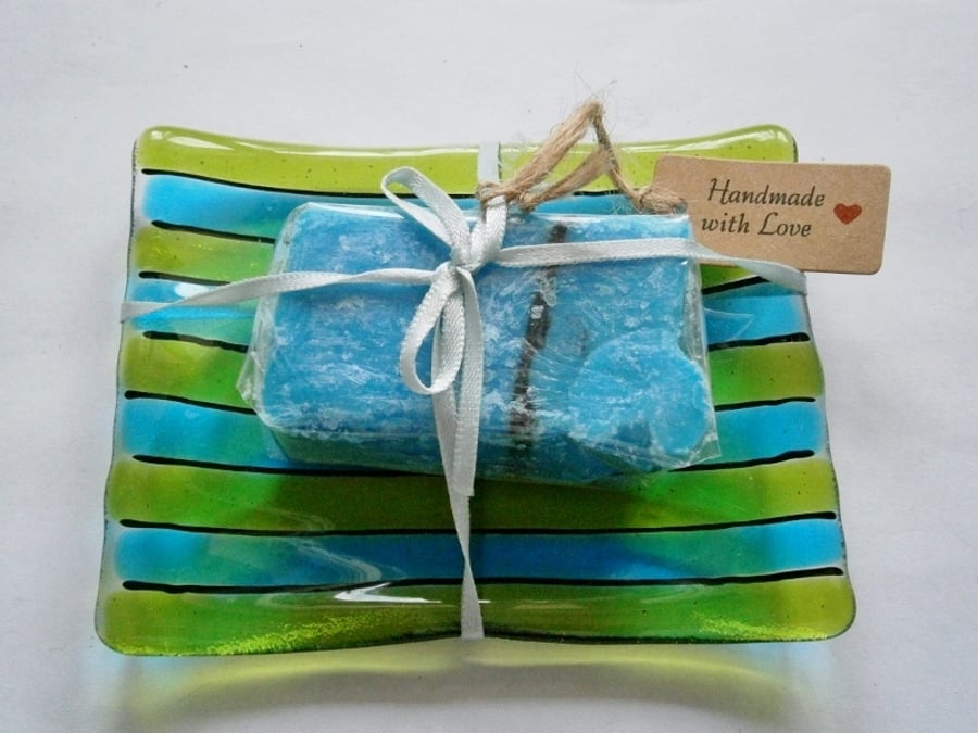 Turquoise and green pin stripe soap dish