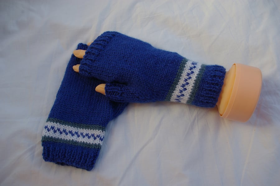 Fingerless Gloves Hand Knitted in Blue and White