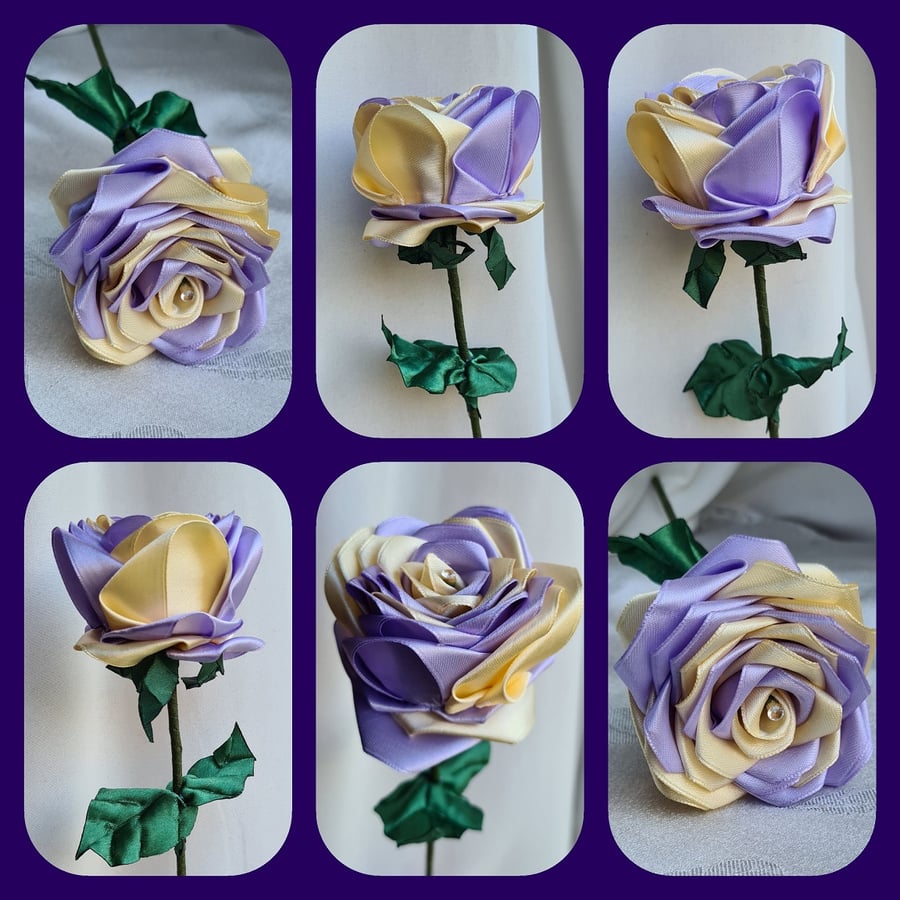 Gorgeous Handmade Lilac and Light Gold Ribbon Rose - Long Stem Artificial Flower