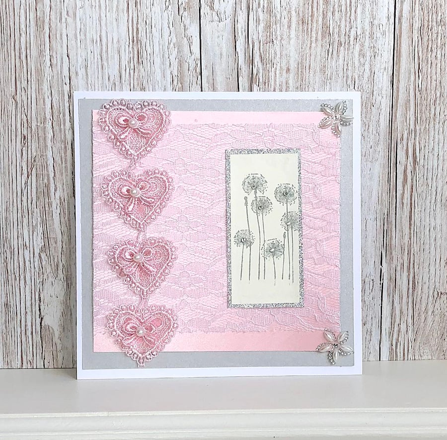 Handmade Wedding card - textile, lace, heart, flower, luxury