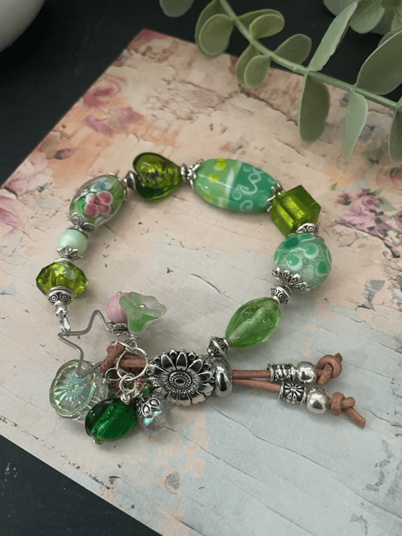 Bracelet, Lampwork glass beaded and gemstone adjustable boho charm bracelet. 