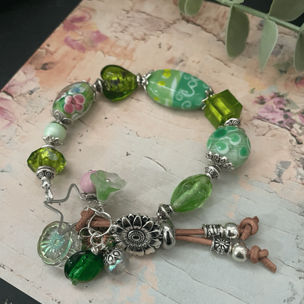 Bracelet, Lampwork glass beaded and gemstone adjustable boho charm bracelet. 
